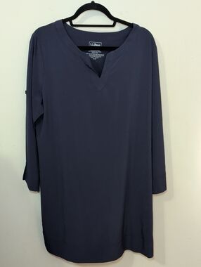 LL Bean Swim Coverup Tunic Dress Navy Blue Roll-Tab Sleeves Pockets Women Size L